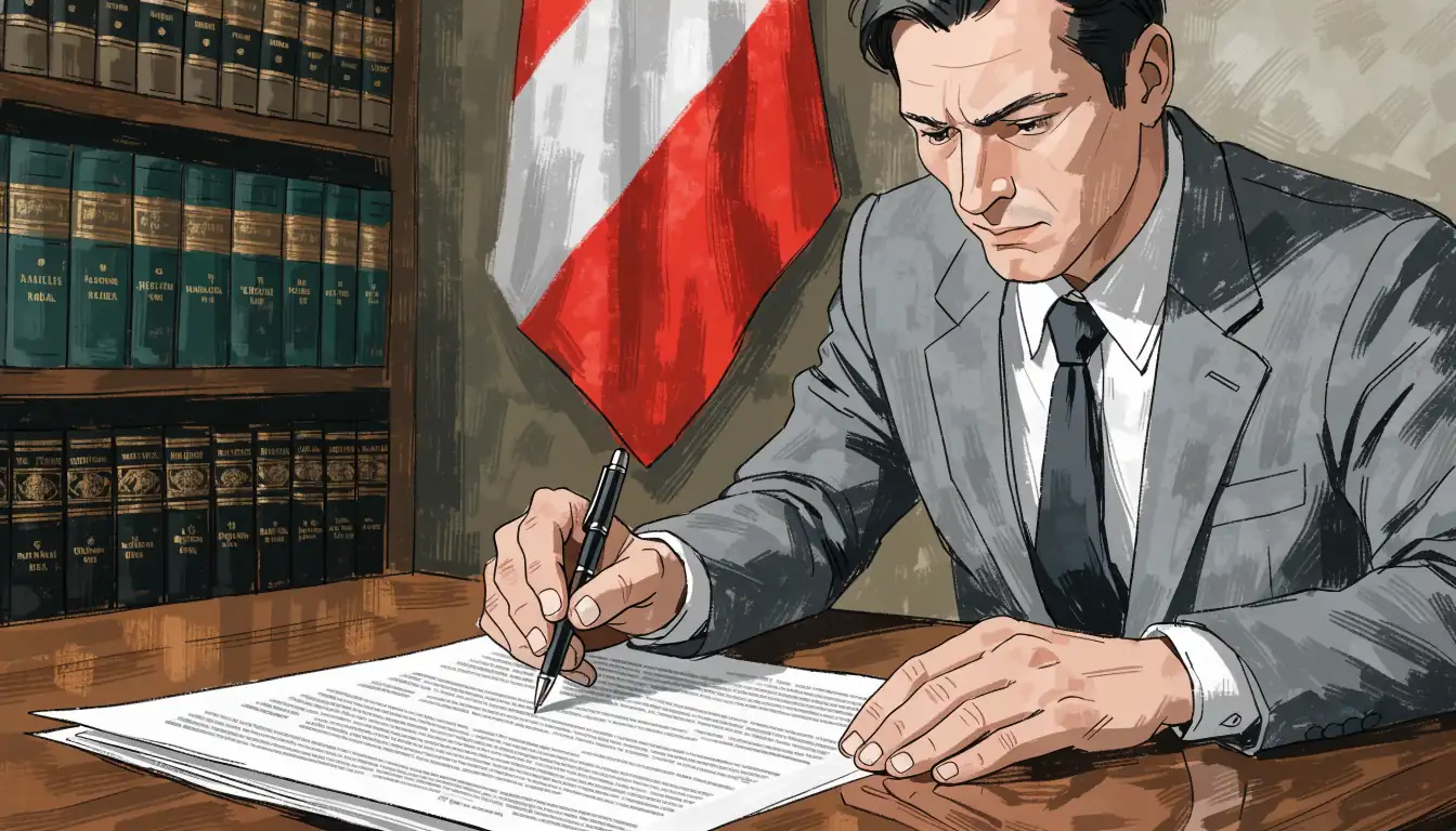 Illustration eines Anwalts, der einen Vertrag prüft